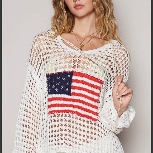 OD23-POL American Flag Crochet Hooded Sweater - Picture 6 of 8